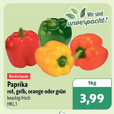 Paprika rot, gelb, orange oder grün