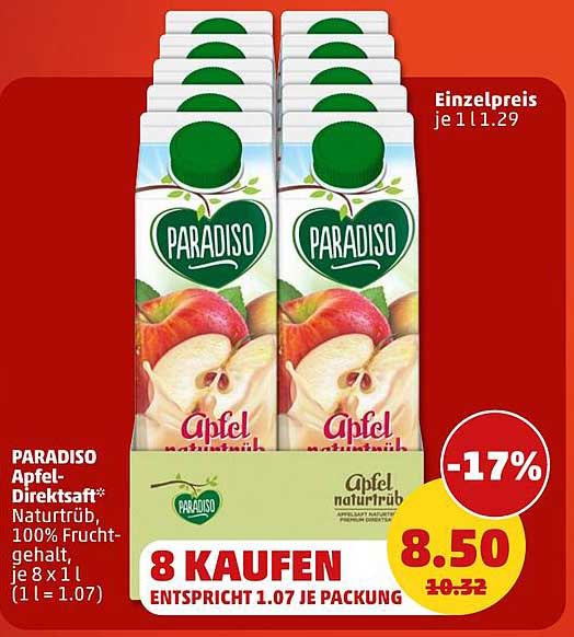PARADISO Apfel-Direktsaft* Naturtrüb, 100% Fruchtgehalt, je 8 x 1 l (1 l = 1.07)