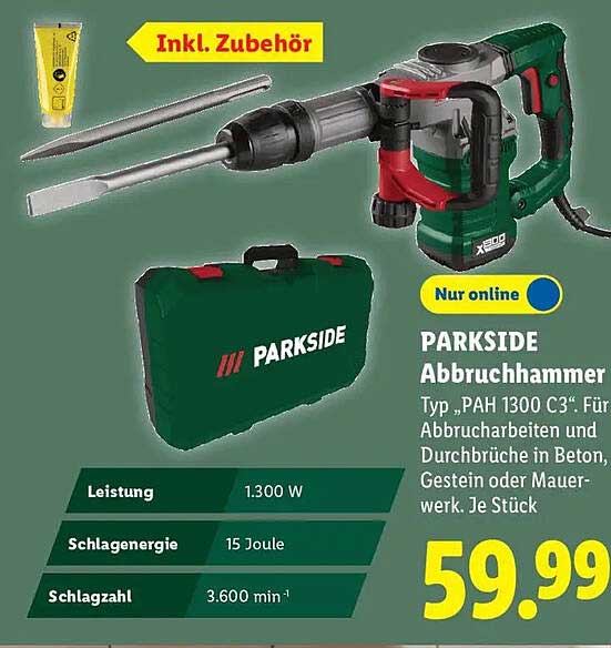 PARKSIDE Abbruchhammer Typ „PAH 1300 C3“. Für Abbrucharbeiten und Durchbrüche in Beton, Gestein oder Mauerwerk. Je Stück