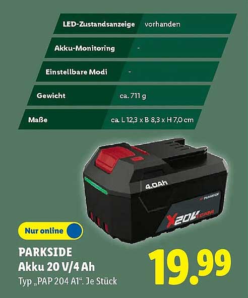 PARKSIDE Akku 20 V/4 Ah