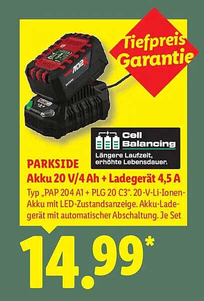 PARKSIDE Akku 20 V/4 Ah + Ladegerät 4,5 A
