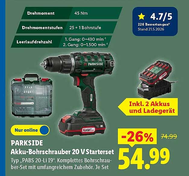 PARKSIDE Akku-Bohrschrauber 20 V Starterset
