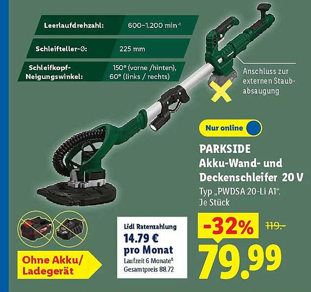 PARKSIDE Akku-Wand- und Deckenschleifer 20 V
