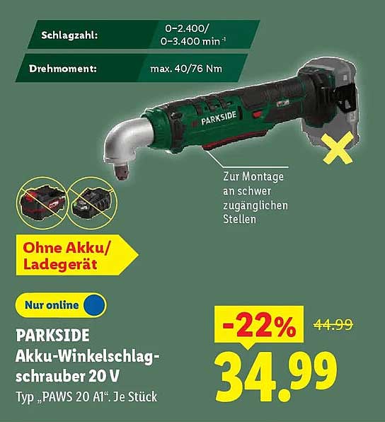 PARKSIDE Akku-Winkelschlagschrauber 20 V Typ „PAWS 20 A1“ Je Stück