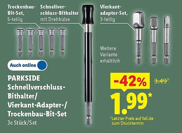PARKSIDE Schnellverschluss-Bithalter/Vierkant-Adapter/Trockenbau-Bit-Set