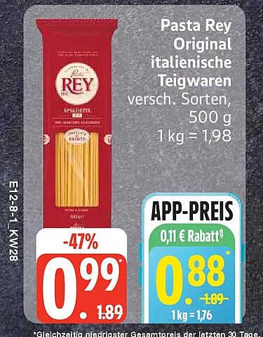 Pasta Rey Original italienische Teigwaren versch. Sorten, 500 g 1kg = 1,98
