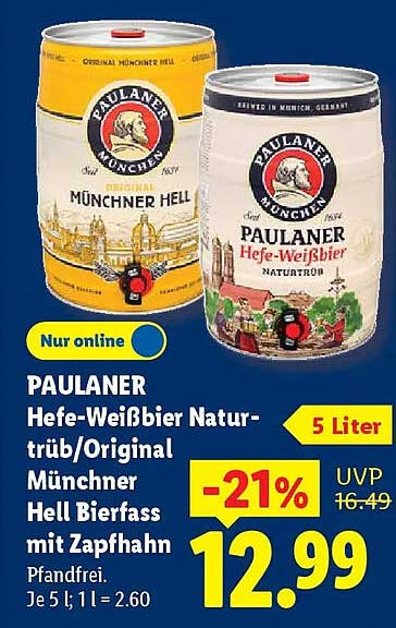 PAULANER Hefe-Weißbier Naturtrüb/Original Münchner Hell Bierfass mit Zapfhahn