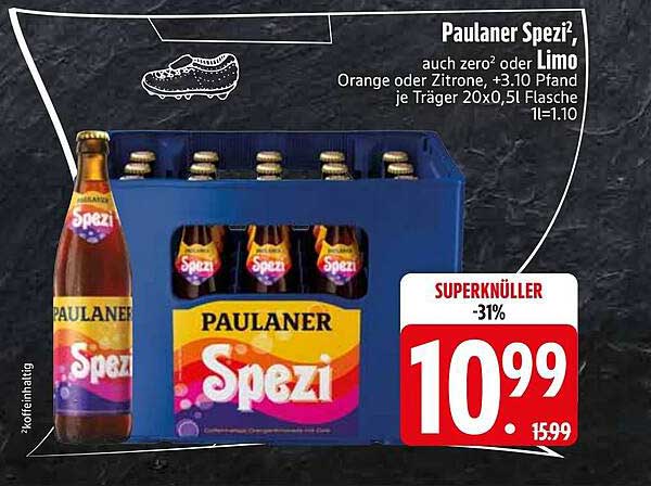 Paulaner Spezi, auch zero² oder Limo Orange oder Zitrone, +3.10 Pfand je Träger 20x0,5 l Flasche