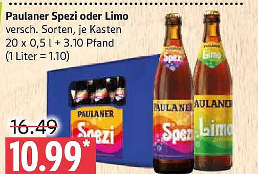 Paulaner Spezi oder Limo versch. Sorten, je Kasten 20 x 0,5 l + 3.10 Pfand (1 Liter = 1.10)