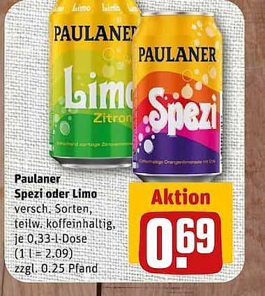 Paulaner Spezi oder Limo versch. Sorten, teilw. koffeinhaltig, je 0,33-l-Dose (1 l = 2.09) zzgl. 0.25 Pfand