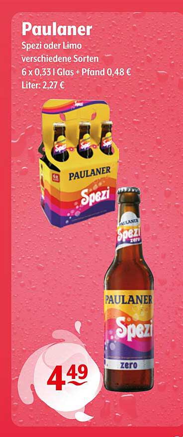 Paulaner Spezi oder Limo verschiedene Sorten 6 x 0,33 l Glas + Pfand 0,48 € Liter: 2,27 €