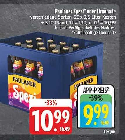 Paulaner Spezi oder Limonade verschiedene Sorten, 20 x 0,5 Liter Kasten