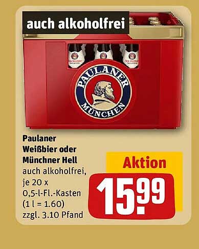 Paulaner Weißbier oder Münchner Hell auch alkoholfrei, je 20 x 0,5-l-Fl.-Kasten