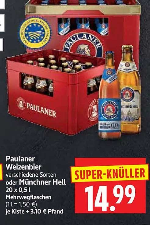 Paulaner Weizenbier verschiedene Sorten oder Münchner Hell 20 x 0,5 l Mehrwegflaschen (1 l = 1.50 €) je Kiste + 3.10 € Pfand