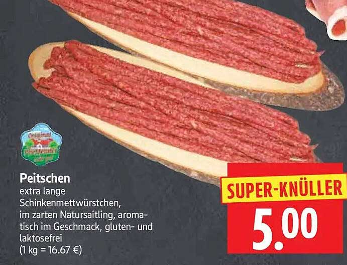 Peitschen extra lange Schinkenmettwürstchen, im zarten Natursaitling, aromatisch im Geschmack, gluten- und laktosefrei