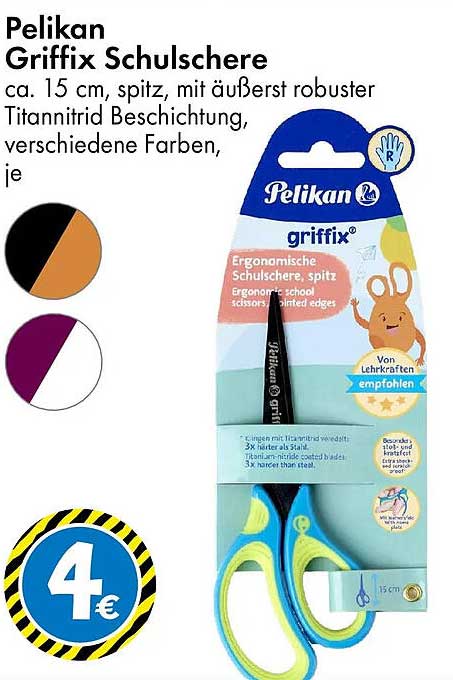 Pelikan Griffix Schulscherre ca. 15 cm, spitz, mit äußerst robuster Titannitrid Beschichtung, verschiedene Farben, je
