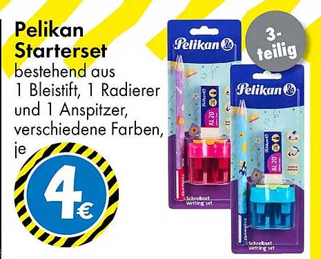 Pelikan Starterset bestehend aus 1 Bleistift, 1 Radierer und 1 Anspitzer, verschiedene Farben, je