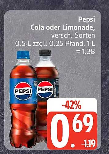 Pepsi Cola oder Limonade, versch. Sorten 0,5 L zzgl. 0,25 Pfand, 1 L = 1,38
