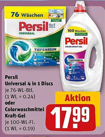 Persil Universal 4 in 1 Discs je 76-WL-Btl. (1 WL = 0.24) oder Colorwaschmittel Kraft-Gel je 100-WL-Fl. (1 WL = 0.19)