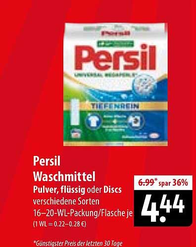 Persil Waschmittel Pulver, flüssig oder Discs verschiedene Sorten 16–20-WL-Packung/Flasche je