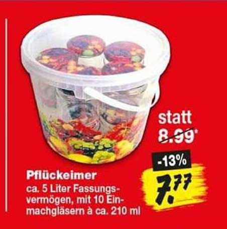 Pflückeimer ca. 5 Liter Fassungsvermögen, mit 10 Einmachgläsern à ca. 210 ml