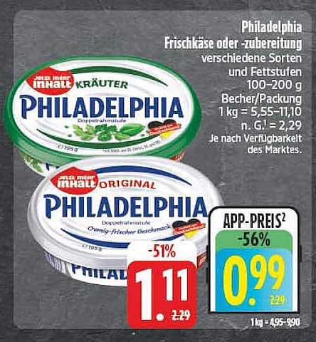 Philadelphia Frischkäse oder -zubereitung verschiedene Sorten und Fettstufen