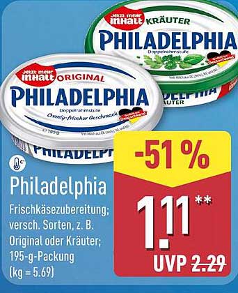 Philadelphia Frischkäsezubereitung; versch. Sorten, z. B. Original oder Kräuter; 195-g-Packung (kg = 5.69)