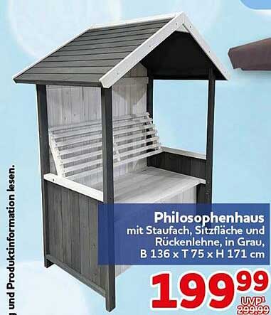 Philosophenhaus mit Staufach, Sitzfläche und Rückenlehne, in Grau, B 136 x T 75 x H 171 cm