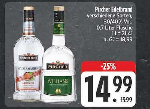Pircher Edelbrand verschiedene Sorten, 30/40% Vol. 0,7 Liter Flasche 1 l = 21,41 n. G. = 18,99