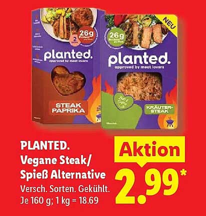 PLANTED. Vegane Steak/Spieß Alternative Versch. Sorten. Gekühlt. Je 160 g; 1 kg = 18.69
