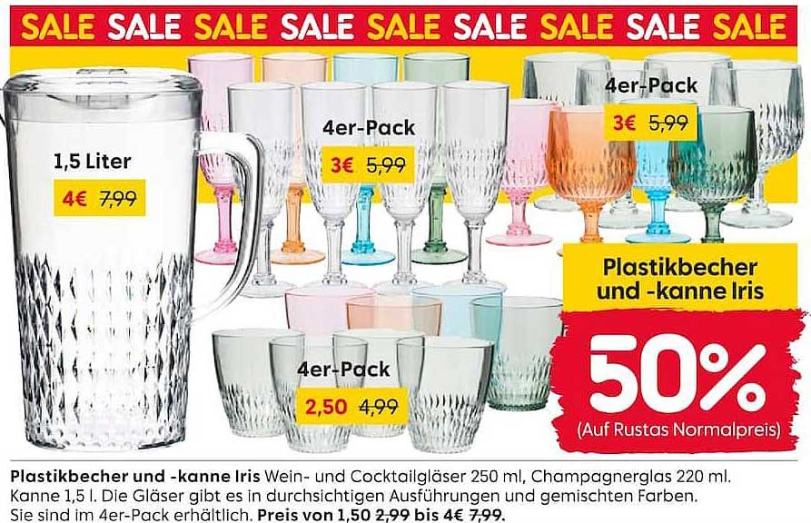 Plastikbecher und -kanne Iris Wein- und Cocktailgläser 250 ml, Champagnerglas 220 ml. Kanne 1,5 l. Die Gläser gibt es in durchsichtigen Ausführungen und gemischten Farben. Sie sind im 4er-Pack erhältlich.