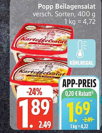 Popp Beilagensalat versch. Sorten, 400 g 1 kg = 4,72