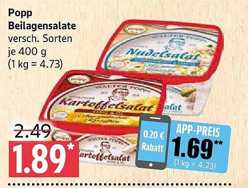 Popp Beilagensalate versch. Sorten je 400 g (1 kg = 4.73)