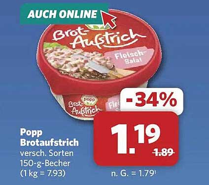Popp Brotaufstrich versch. Sorten 150-g-Becher (1 kg = 7.93)