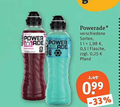 Powerade® verschiedene Sorten, 1 l = 1,98 €, 0,5 l Flasche, zzgl. 0,25 € Pfand