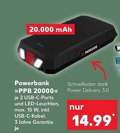 Powerbank »PPB 20000« je 2 USB-C-Ports und LED-Leuchten, max. 15 W, inkl. USB-C-Kabel, 3 Jahre Garantie