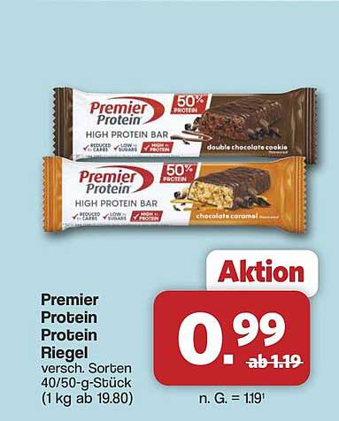 Premier Protein Protein Riegel versch. Sorten 40/50-g-Stück (1 kg ab 19.80)