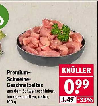 Premium-Schweine-Geschnetzeltes aus dem Schweineschinken, handgeschnitten, natur, 100 g