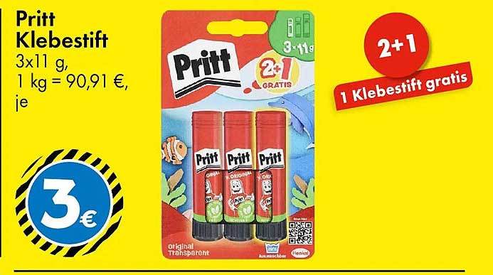 Pritt Klebestift 3x11 g, 1 kg = 90,91 €, je