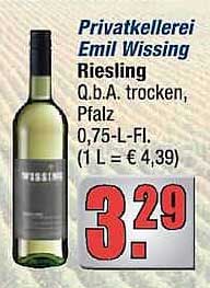 Privatkellerei Emil Wissing Riesling Q.b.A. trocken, Pfalz 0,75-L-Fl. (1 L = € 4,39)