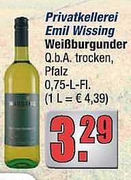 Privatkellerei Emil Wissing Weißburgunder Q.b.A. trocken, Pfalz, 0,75-L-Fl. (1 L = € 4,39)