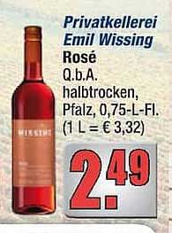 Privatkelterei Emil Wissing Rosé Q.b.A. halbtrocken, Pfalz, 0,75 l - Fl. (1 L = € 3,32)