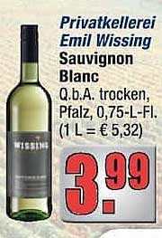 Privatkelterei Emil Wissing Sauvignon Blanc Q.b.A. trocken, Pfalz, 0,75 l-Fl. (1 L = € 5,32)