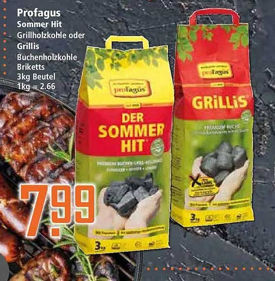 Profagus Sommer Hit Grillholzkohle oder Grillis Buchenholzkohle-Briketts 3kg Beutel 1kg = 2.66