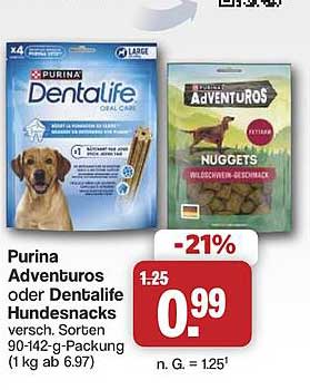 Purina Adventuros oder Dentalife Hundesnacks versch. Sorten 90-142-g-Packung (1 kg ab 6.97)