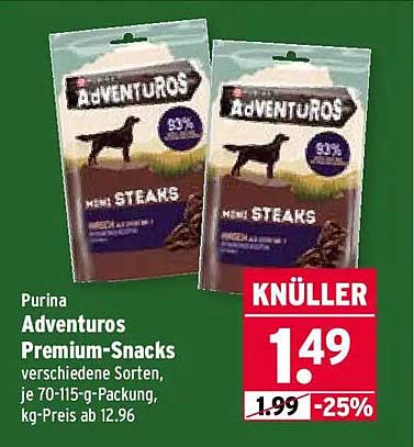 Purina Adventuros Premium-Snacks verschiedene Sorten, je 70-115-g-Packung, kg-Preis ab 12.96