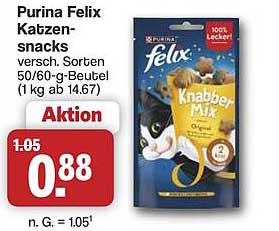 Purina Felix Katzensnacks versch. Sorten 50/60-g-Beutel (1 kg ab 14.67)