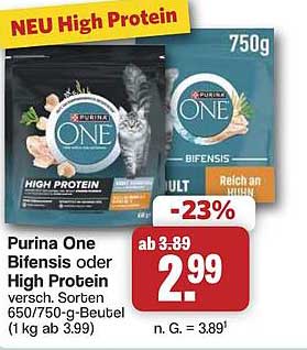 Purina One Bifensis oder High Protein versch. Sorten 650/750-g-Beutel (1 kg ab 3.99)
