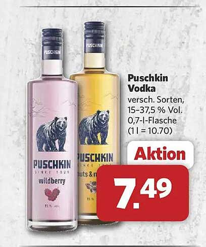 Puschkin Vodka versch. Sorten, 15-37,5 % Vol. 0,7-l-Flasche (1 l = 10.70)