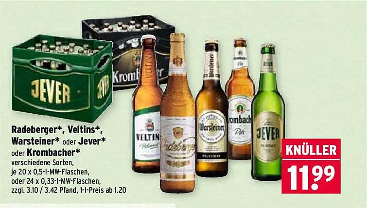 Radeberger*, Veltins*, Warsteiner* oder Jever* oder Krombacher* verschiedene Sorten, je 20 x 0,5-l-MW-Flaschen, oder 24 x 0,33-l-MW-Flaschen, zzgl. 3.10 / 3.42 Pfand, 1-l-Preis ab 1.20